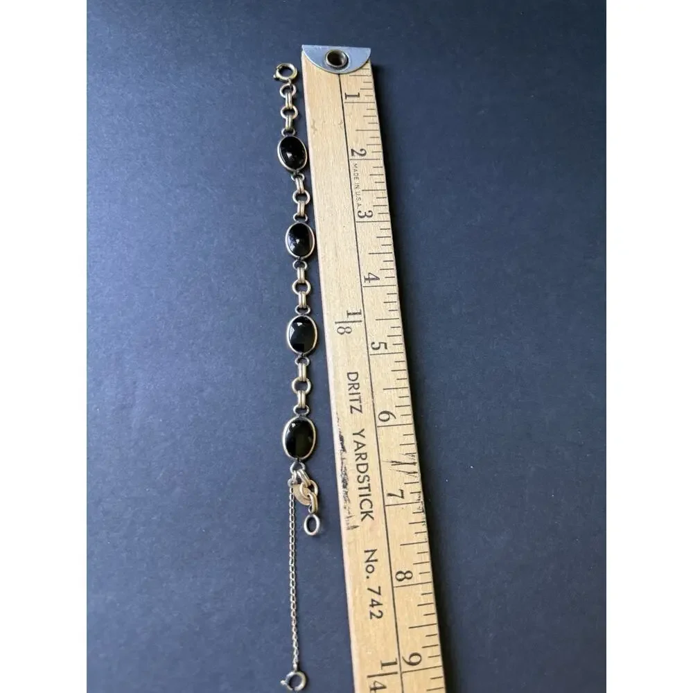 Vintage Sign 12k Gold Filled Russel Oval Black Onyx Stone Chain Link Bracelet 7”